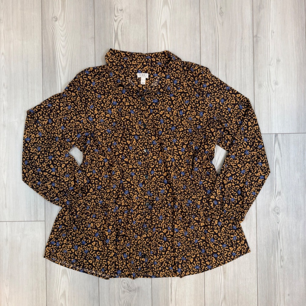 LOGO Lori Goldstein Leopard Floral Peplum Tunic Blouse Brown XL A365840